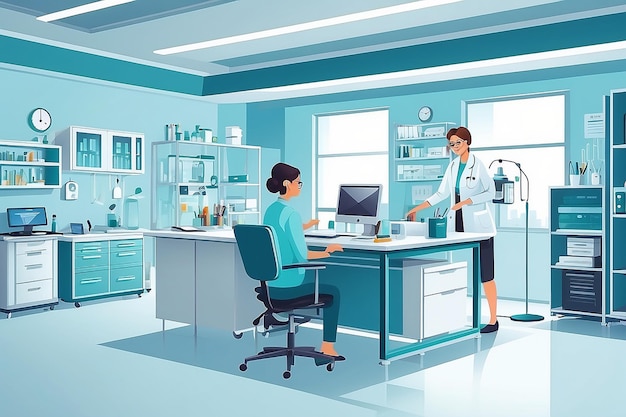 Lineares flaches Laborbüro-Interieur mit Möbeln, Laborassistenten und Patientencharakteren Vektorillustration Konzept für die Hilfe von Gesundheitsfachleuten