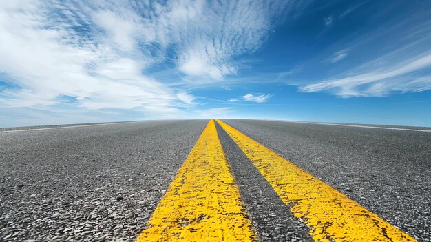 Las líneas amarillas corren por el medio de una carretera de asfalto con un cielo azul claro y nubes blancas suaves por encima