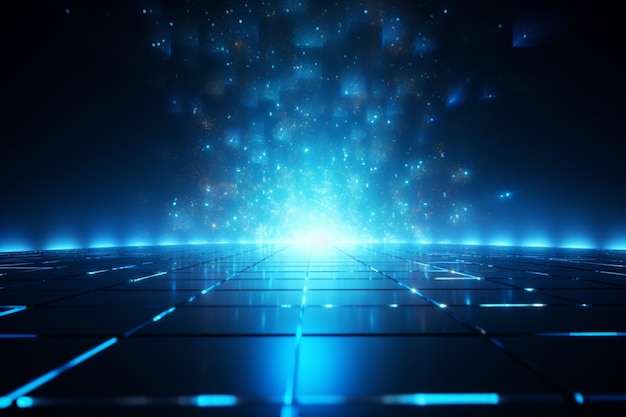 Líneas azules de neón abstractas sobre fondo negro reflexiones iluminadas sobre tecnología de tierra concepto futurista IA generativa