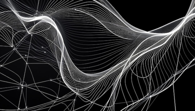 Líneas blancas abstractas con textura ondulada brillante y fondo negro