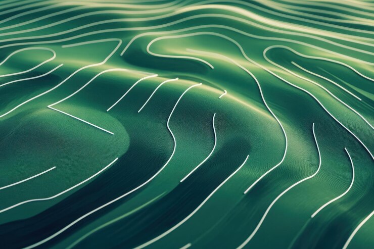 Las líneas blancas curvas que se asemejan a un campo de fútbol crean un patrón abstracto en una superficie verde lisa que evoca una sensación de tranquilidad y diseño moderno