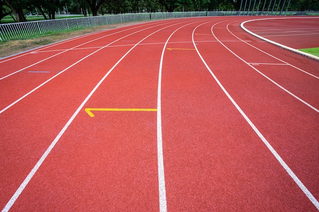 Líneas blancas del estadio y la textura de hipódromos de carreras de caucho rojo pista de carreras