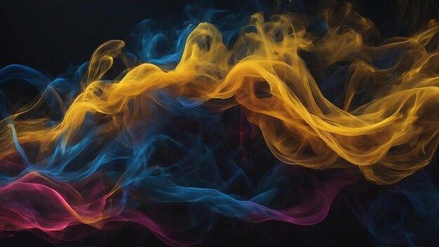 Líneas brillantes de color amarillo y azul desenfocadas efecto de humo fondo de arte abstracto oscuro