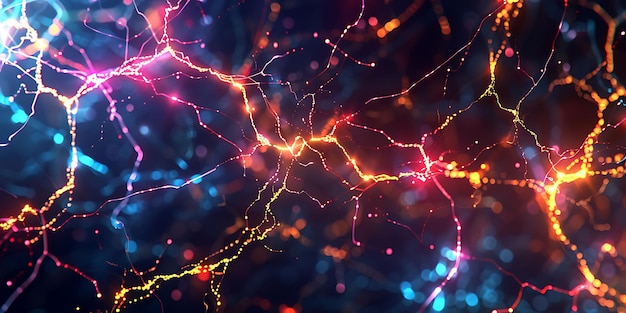 Líneas brillantes de electricidad que forman patrones abstractos que se cruzan en un telón de fondo oscuro lleno de energía vibrante