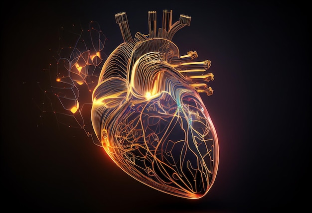 Líneas brillantes en la forma 3D del corazón humano en el ai generativo de fondo oscuro