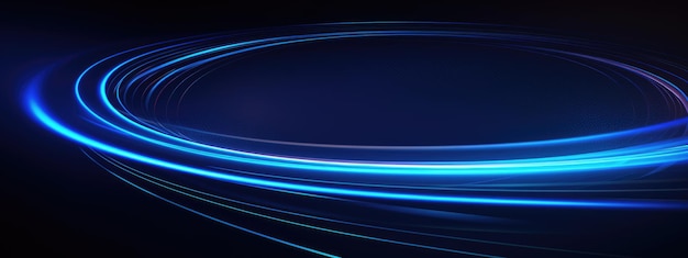 Líneas circulares brillantes abstractas en un fondo azul oscuro creadas con tecnología de IA generativa