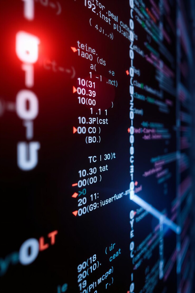 Foto líneas de código y caracteres que representan el desarrollo de software que enfatizan el efecto brillante de bi