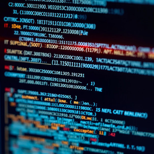 Líneas de código y caracteres que representan el desarrollo de software que enfatizan el efecto brillante de bi