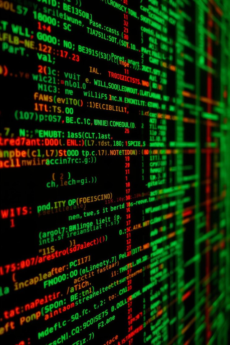 Foto líneas de código y caracteres que representan el desarrollo de software que enfatizan el efecto brillante de bi