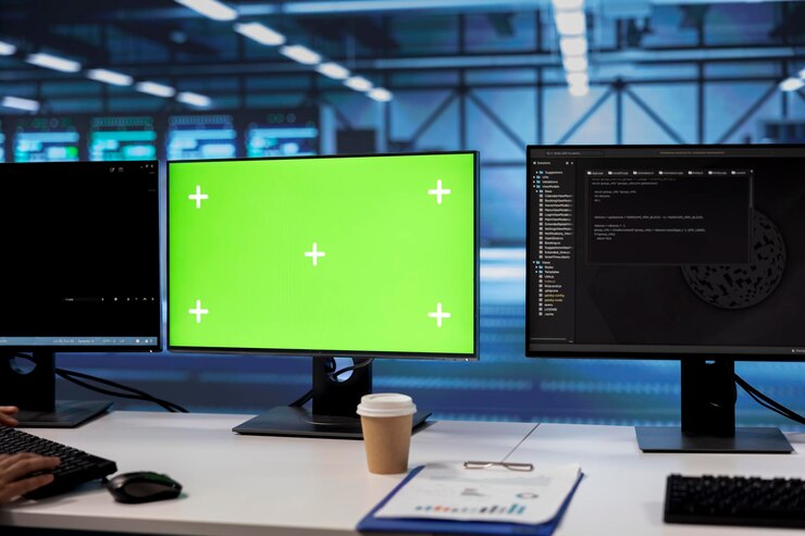 Foto líneas de código que se ejecutan en computadoras de pantalla verde en el centro de datos