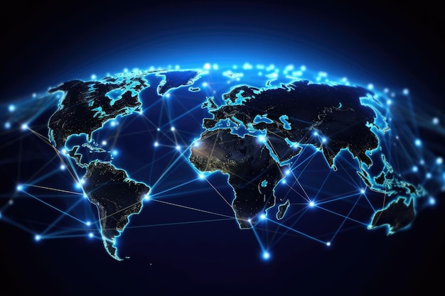 Líneas de conexión de transferencia de datos y telecomunicaciones en el mapa mundial IA generativa