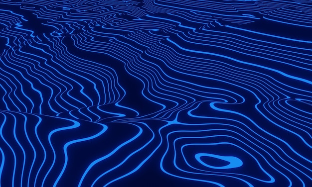 Líneas de contorno topográficas azules. Montaña abstracta. Ilustración 3D.