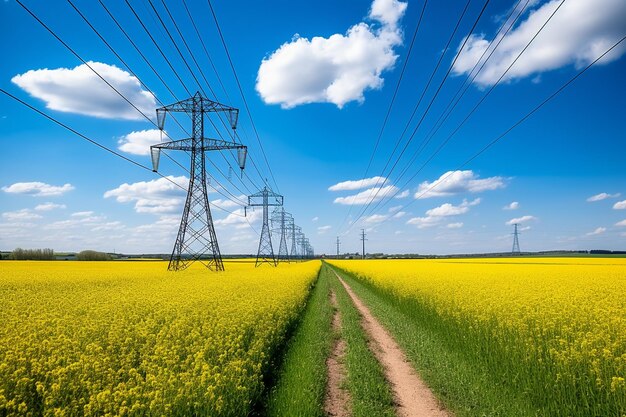 Líneas eléctricas de alta tensión en un campo de colza amarilla