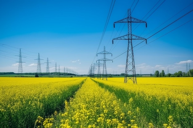 Líneas eléctricas de alta tensión en un campo de colza amarilla