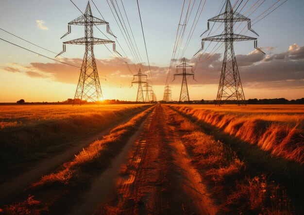 Foto líneas eléctricas de alta tensión y pilares en el campo al atardecer