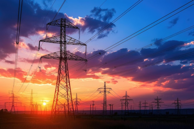 líneas eléctricas de alto voltaje en la estación de distribución de electricidad al atardecer