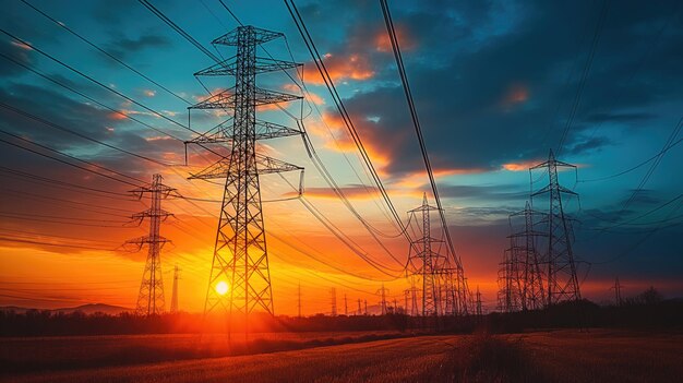 Foto líneas eléctricas y pilares al atardecer con un fondo de atardecer