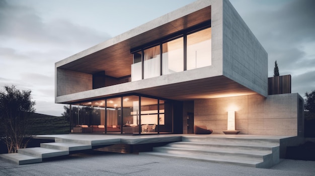 Líneas elegantes y esquema de color monocromático exterior de casa moderna generado por IA