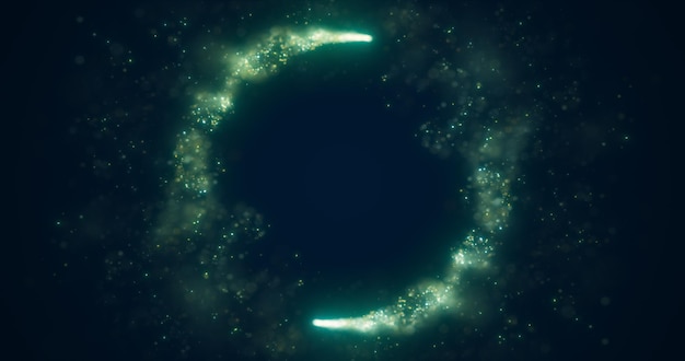 Líneas de energía verde abstractas y círculos cíclicos con bokeh mágico de fondo abstracto de partículas