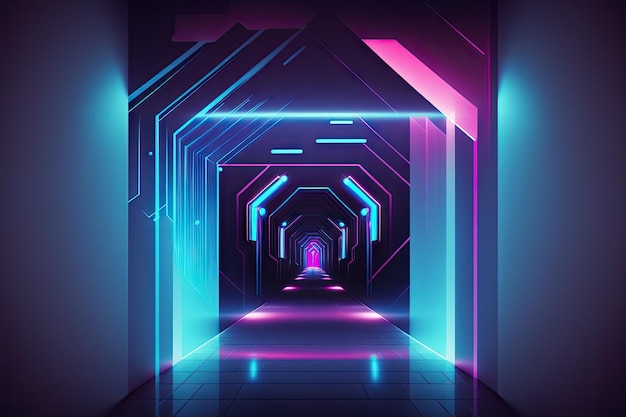 Líneas de espejo de luz ultravioleta fluorescente de espectro azul y rosa líneas de neón láser y vuelo abstracto sobre un fondo de corredor futurista
