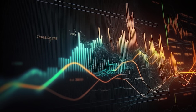 Las líneas del gráfico del mercado de valores de IA generativo representan el gráfico financiero sobre la tecnología de fondo abstracto