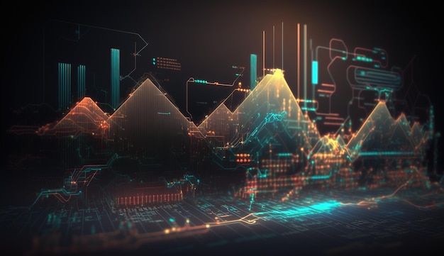 Las líneas del gráfico del mercado de valores de IA generativo representan el gráfico financiero sobre la tecnología de fondo abstracto