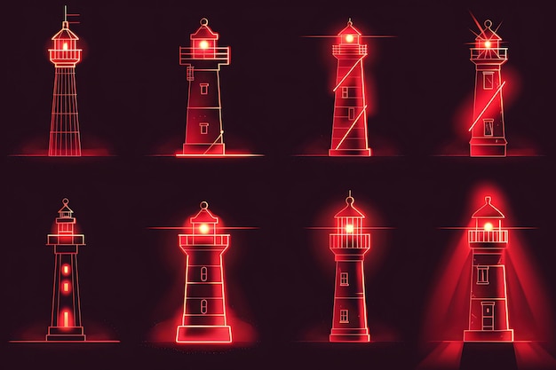 Foto líneas de iconos de faro con luminescencia pulsante y contorno de neón en forma de diseño artístico y2k