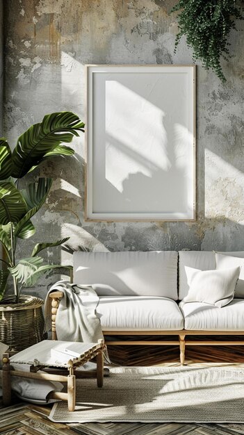 Las líneas limpias y los colores brillantes definen un espacio de vida elegante con un sofá acogedor y un marco blanco vacío que añade al ambiente acogedor