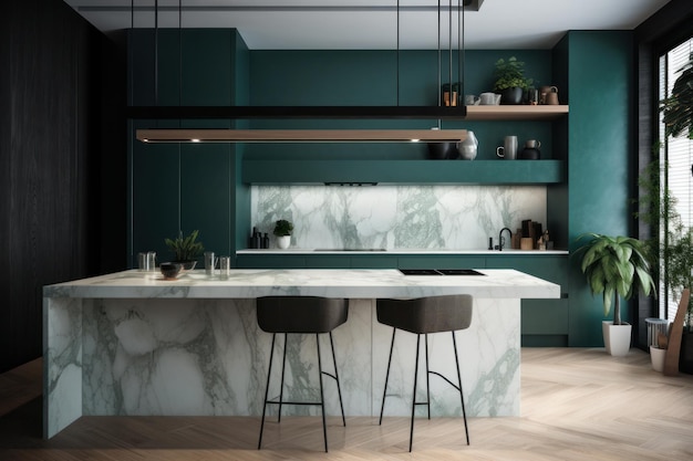 Líneas limpias, colores neutros y diseño práctico definen esta elegante cocina con una hermosa encimera de mármol Diseñada con IA generativa