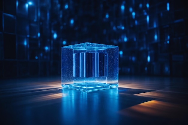 Las líneas luminosas azules penetran el fondo del sentido de la tecnología del cubo flotante