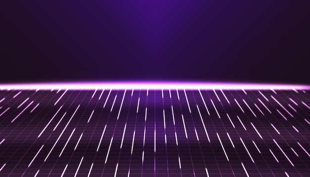 líneas de luz de brillo blanco de neón y cuadrículas de malla púrpura patrón perspectiva de diseño y espacio de copia