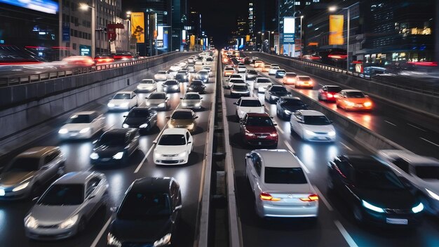 Líneas de luz nocturnas de la ciudad de automóviles automóviles en la autopista con movimiento borroso vista callejera de la ciudad moderna en