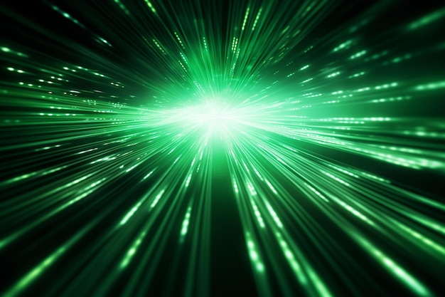 Líneas de luz verde y manchas de color de cables de fibra óptica
