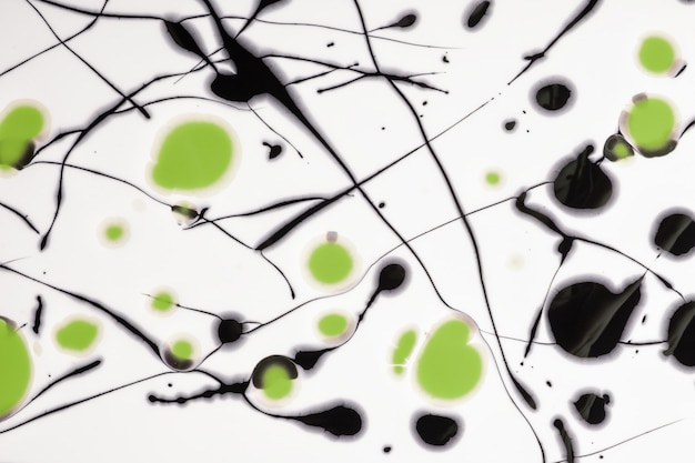 Foto líneas negras y verdes y salpicaduras dibujadas sobre fondo blanco. telón de fondo manchado de arte abstracto con trazo de pincel de oliva. cuadro acrílico con estampado de rayas y manchas gráficas.