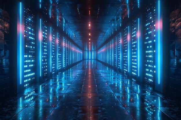 De líneas de neón azules brillantes en un fondo oscuro espacio virtual vacío con reflejos en el suelo