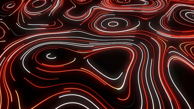 Líneas de neón creativas abstractas que crean senderos coloridos en el movimiento de la superficie negra curvados y doblados