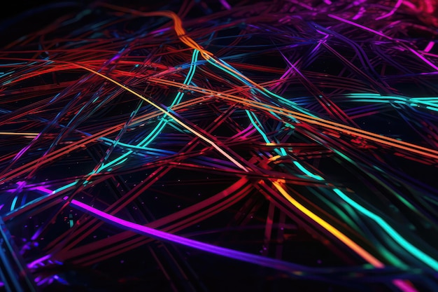 Líneas de neón vibrantes que se cruzan en un patrón caótico IA generativa