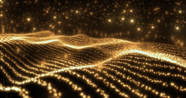 Líneas de onda amarillas abstractas de partículas y puntos de magia energética con efecto de brillo y desenfoque