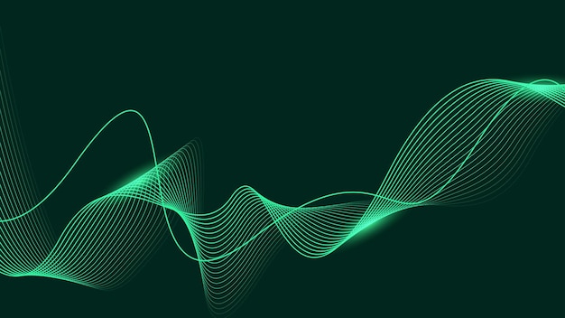 Líneas de onda brillantes abstractas en un fondo verde oscuro Concepto de tecnología futurista
