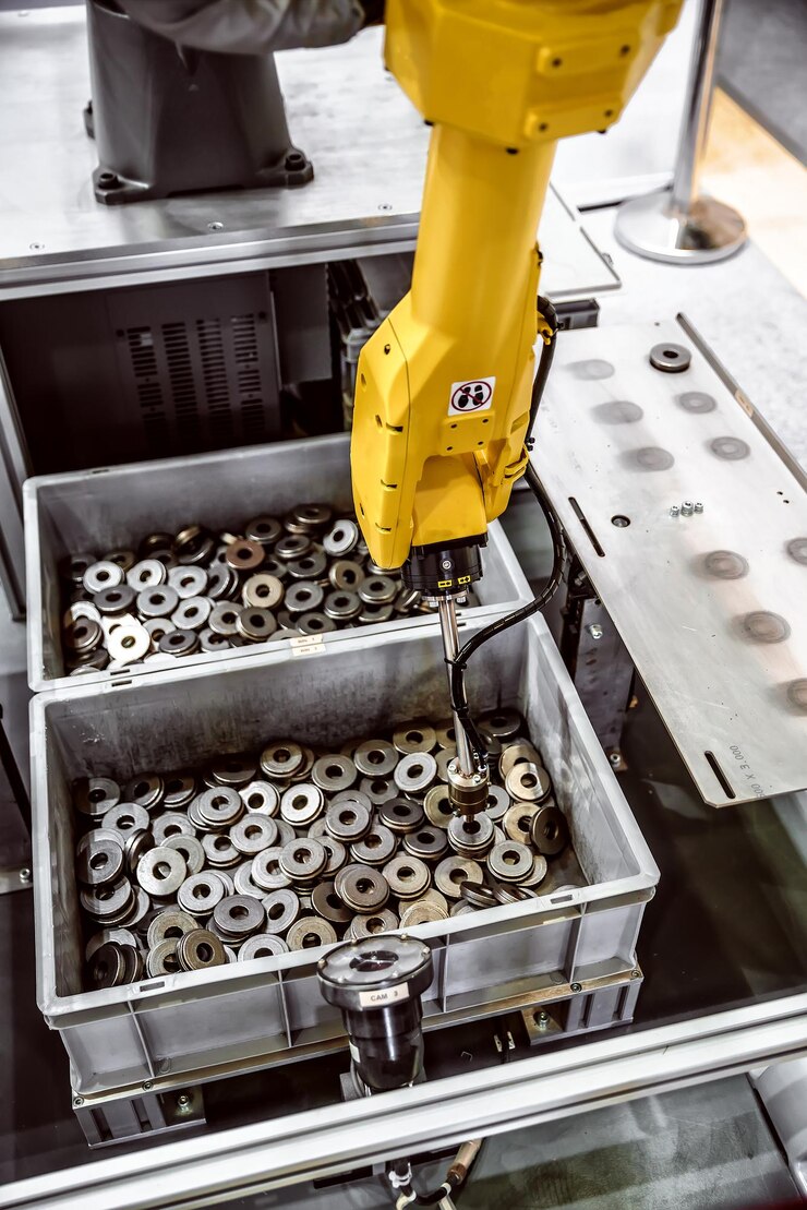 Foto líneas de producción de brazos robóticos tecnología industrial moderna.