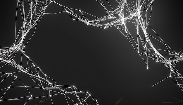 Las líneas y puntos blancos abstractos crean una estructura semejante a una red sobre un fondo negro