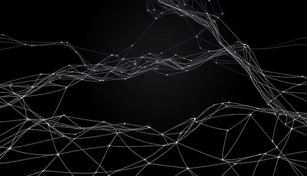 Líneas y puntos brillantes blancos abstractos sobre un fondo negro que crean un patrón parecido a una red