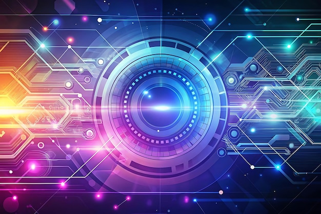 líneas y puntos coloridos están conectados a una pantalla de computadora con un fondo tecnológico colorido