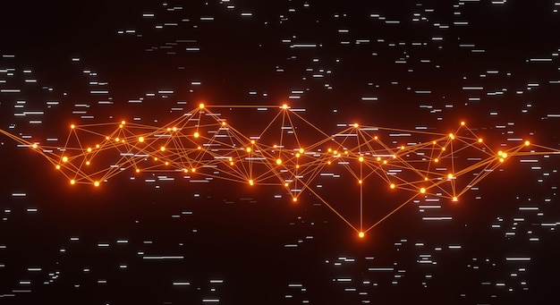 Líneas y puntos de conexión de fondo de plexo naranja abstracto para tecnología Fondo de ciencia Complejo de big data con compuestos Plexo de líneas Visualización de big data Red o conexión Representación 3d