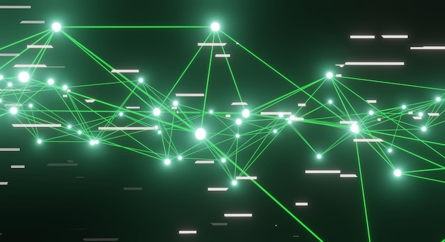 Líneas y puntos de conexión de fondo de plexo verde abstracto para tecnología Fondo de ciencia Complejo de big data con compuestos Plexo de líneas Visualización de big data Red o conexión Representación 3d