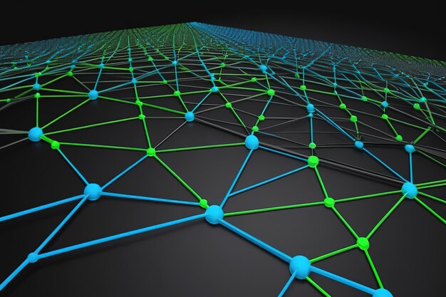 Foto las líneas de red azules y verdes forman una estructura de wireframe y puntos generados por futuristicai