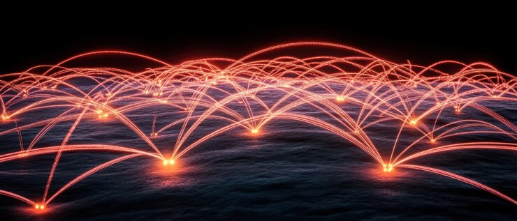 Foto las líneas rojas brillantes conectan puntos por encima de una superficie oscura y áspera que representan redes abstractas.