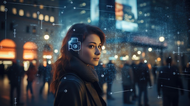 Las líneas tecnológicas digitales convergen en el rostro de una mujer joven sobre una escena callejera poblada por la noche