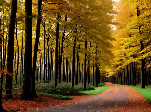 Líneas de tinta dorada pintan un bosque llano en otoño utilizando la paleta de colores Pantone IA generativa