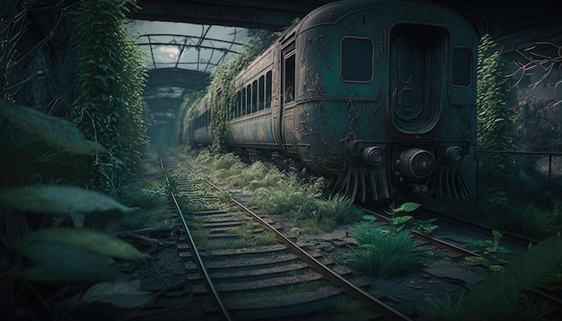 Líneas de tren abandonadas ciudad post apocalíptica estado de ánimo oscuro horror urbano decoración de fantasía Generativo ai